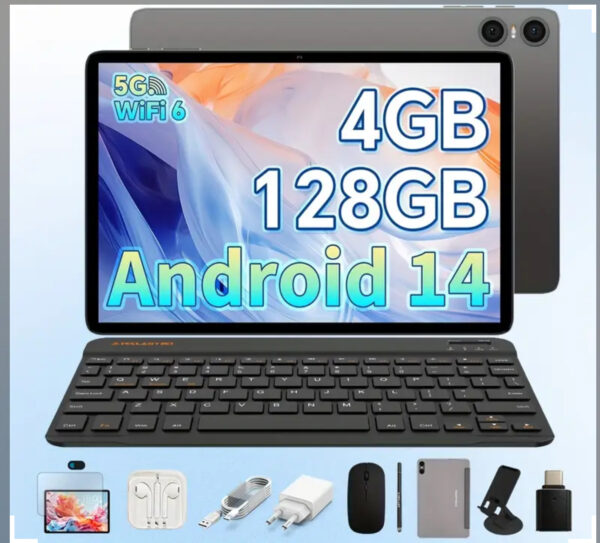 Tablet Teclast P30T 2024 mais recente Android 14 10.1 polegadas, 4GB RAM+128GB ROM com Tablet PC expansível de 1TB, 2 em 1 Tablets com teclado, capa Teclast, película protetora, rato sem fios, auscultadores, bateria de 6000mAh, ecrã de visualização IPS 1280x800